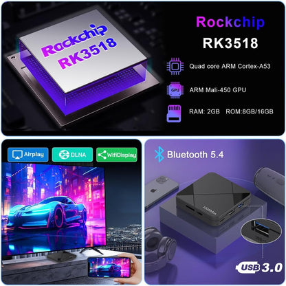 LEFFOT Android 14.0 TV Box, RK3518 4K UHD Streaming Device for TV, 2GB RAM + 16GB ROM, Smart TV Box with HDR10, Voice Control, 2.4G & 5G WiFi 6, 100M Ethernet, BT 5.4, USB 3.0, RK3518 Quad Core A53