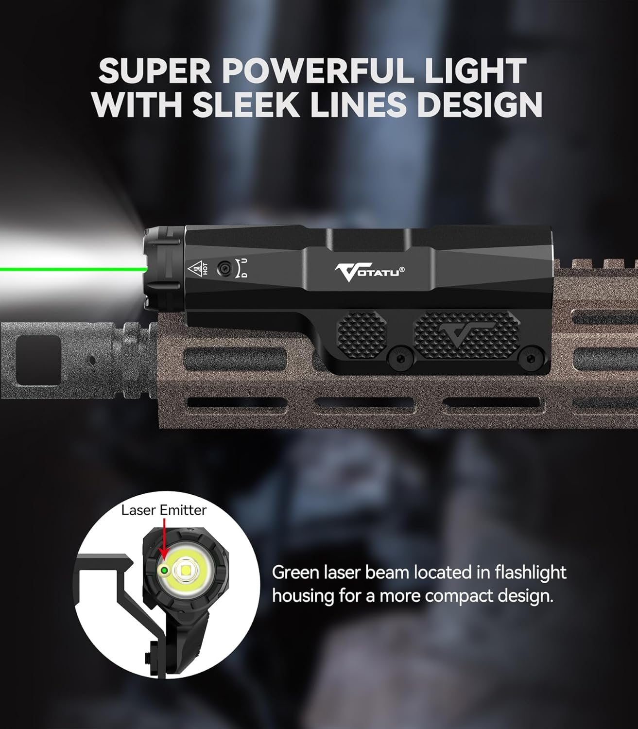 VOTATU M8L-G 3000 Lumens Light Laser Combo for M-LOK/Picatinny, Strobe Function Flashlight and Green Laser Beam with Easy Touch Pad Switch, USB Magnetic Rechargeable Light for Rifle and Carbine
