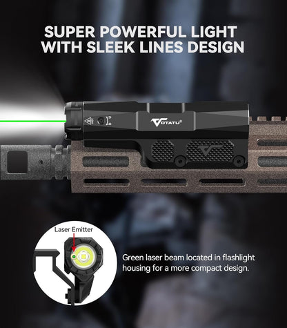 VOTATU M8L-G 3000 Lumens Light Laser Combo for M-LOK/Picatinny, Strobe Function Flashlight and Green Laser Beam with Easy Touch Pad Switch, USB Magnetic Rechargeable Light for Rifle and Carbine