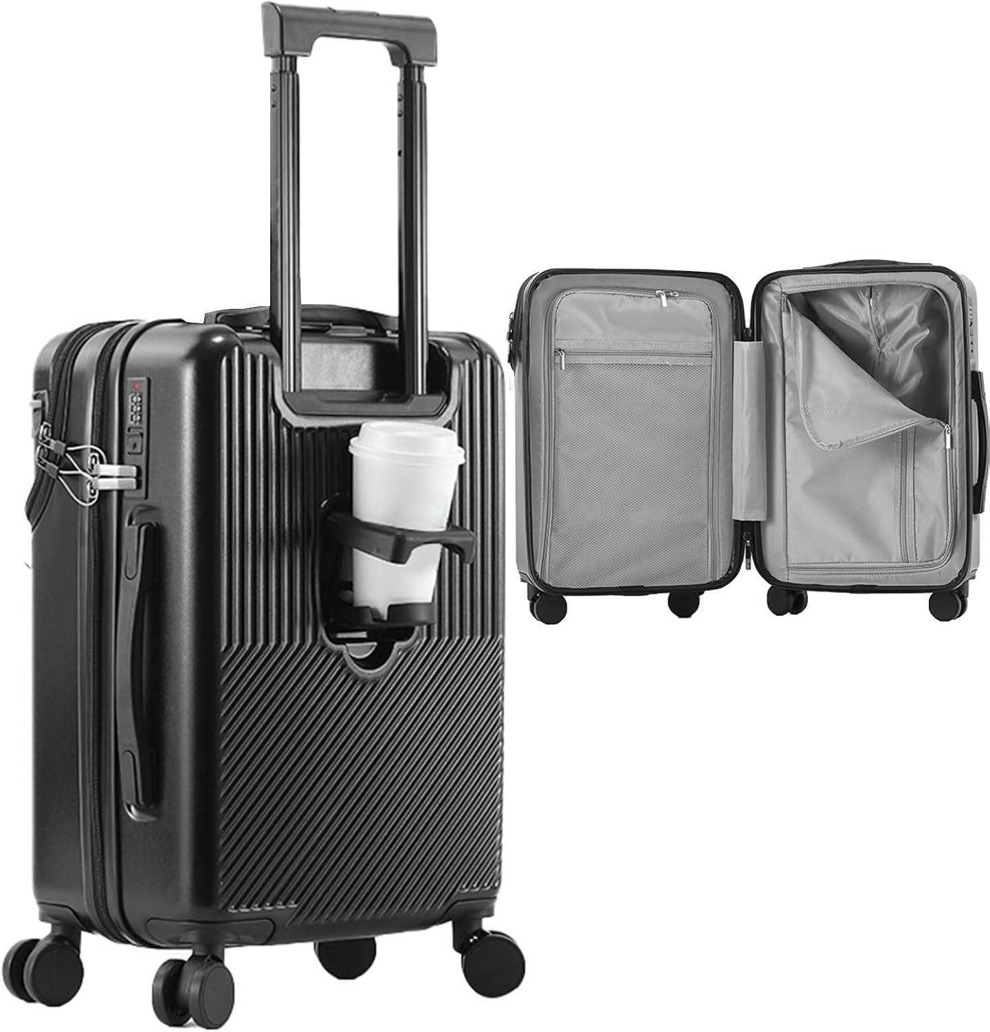 RDGOLF Suitcase with Front Opening, Trolley Case with Swivel Wheels, Anti-Theft, Anti-Burglar Combination Lock, Alloy Zipper (Color : Black (Cupholder), Size : 24)