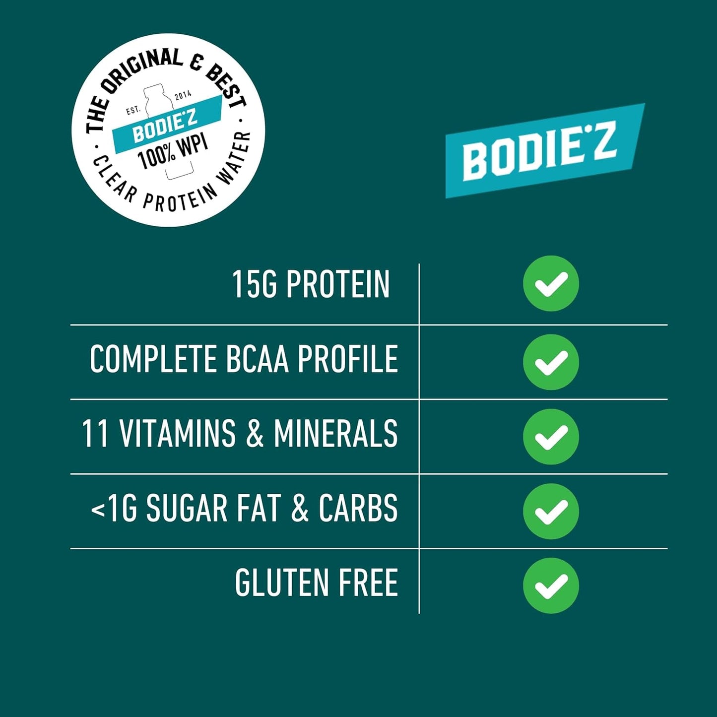 BODIE’Z Vitalise 15g Whey Protein Water - Pre-Mixed Protein Powder Drink, Less than 1g Sugar Fat and Carbs, 11 Vitamins and Minerals, Refreshing Supplement for Post Workout, 500ml Lemon Lime 6 Pack