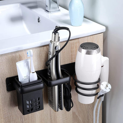 LHUATGT Hair Dryer Stand, Hairdryer Holder Wall Mount - Blow Dryer Holder, Hair Dryer Rack & Hair Styling Care Tool Organizer, Storage Basket with Plug Hook (Black)