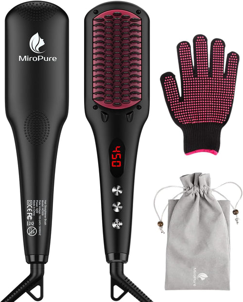 MiroPure 2 In 1 Ionic Hair Straightener Brush With Heat Resistant Glove And Temperature Lock Function (Black)