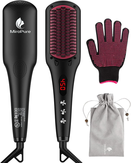 MiroPure 2 In 1 Ionic Hair Straightener Brush With Heat Resistant Glove And Temperature Lock Function (Black)