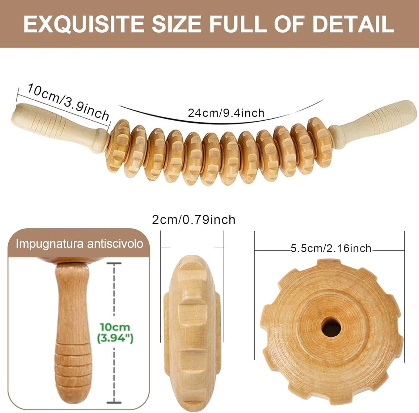 Wooden Muscle Massage Roller with Handle, Curved Roller Massager for the Whole Body, Promotes Circulation, Massager Legs, Back, Pain Relief and Body Relaxation