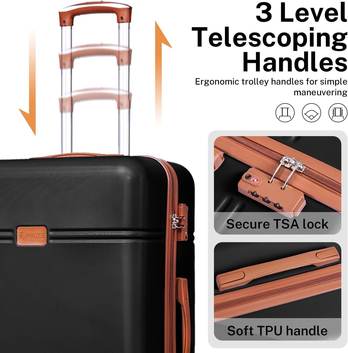 Krute Carry on Luggage PC+ABS Luggage TSA Lock Lightweight Hardshell Suitcase with Wheels 20 Inch (Black-Brown)