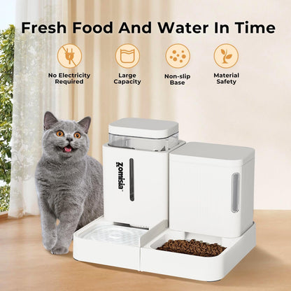 ZOMISIA Gravity Cat Feeder and Water Dispenser, 2 in 1 Automatic Cat Feeder with 180 Degree Rotatable, 2 Pack Large Capacity Self Feeding for Small Medium Dog Puppy Kitten, White, 0.8 Gallon x 2