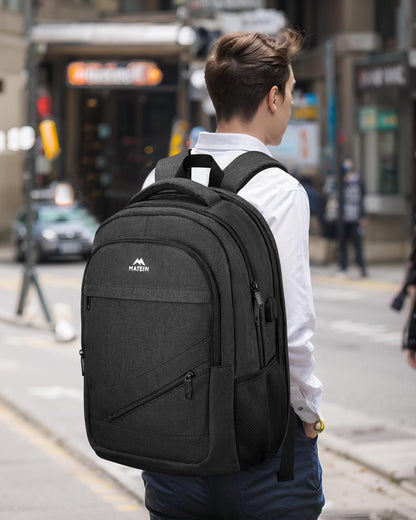 MATEIN Extra Large Business Travel Anti Theft Laptop Backpack, 18 Inch TSA Airline Approved Carryon Backpack for Women Men, Work Bag with USB Port and Luggage Strap, Black