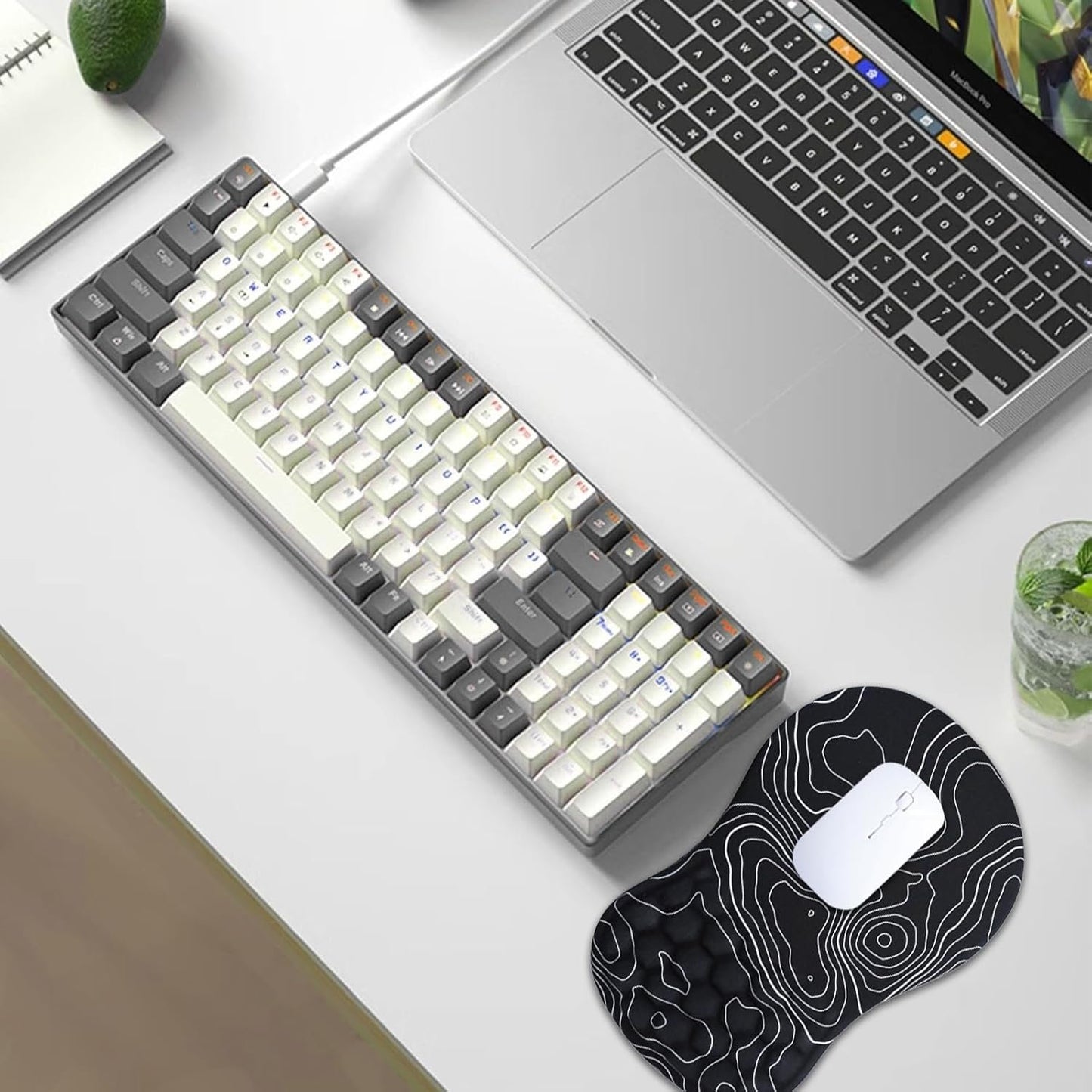 Ergonomic Mouse Pad with Wrist Rest, Memory Foam Mousepad with Wrist Support, Wrist Pain Relief, Non-Slip PU Base & Slope Massage Mouse Pad for Gaming, Office,Computer, 12x8 inch,Topographic Contour