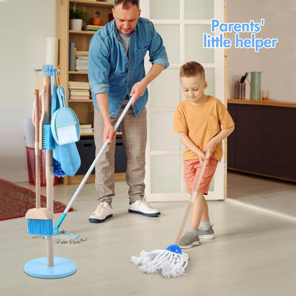 WHOHOLL Wooden Toddler Cleaning Set, Toddler Toys Montessori Toys for 3+ Years Old, Housekeeping Play Set Includes Broom Mop Duster Dustpan Sponge and Organizing Stand, STEM Skill Developmental Gift
