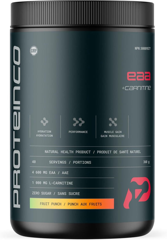 ProteinCo | EAA Powder + Carnitine | Essentials Amino Acids | Muscle Growth & Recovery | 40 Servings | 360g | (360 g, Fruit Punch)
