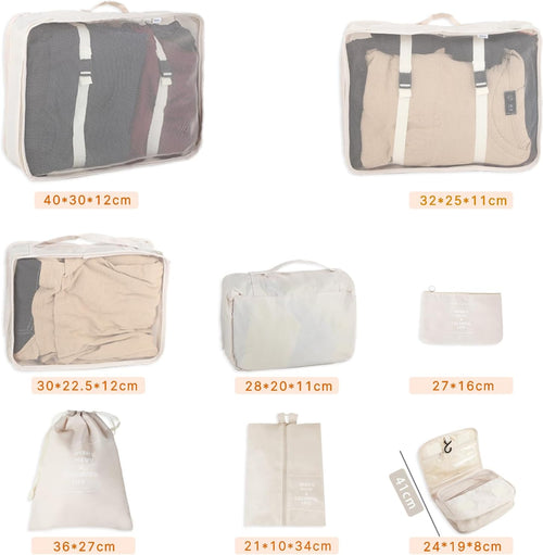 Space Saving Suitcase Organizer 8 Pieces - Packing Cubes for Travel, Suitcase Organizer with Clothes, Shoes and Cosmetics Bags - Useful Accessories Suitcase Organizer Set (Beige)