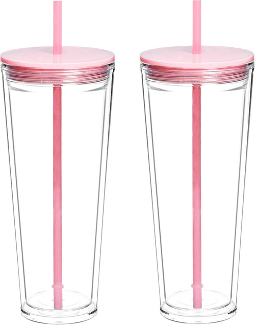 Alohastarttg 24oz Tumbler with Lid and Straw, Leak Proof and Double Wall Insulated Reusable Plastic Cups,Travel Reusable Iced Coffee Cup,BPA-Free,Fits in Cupholders (2, Pink)