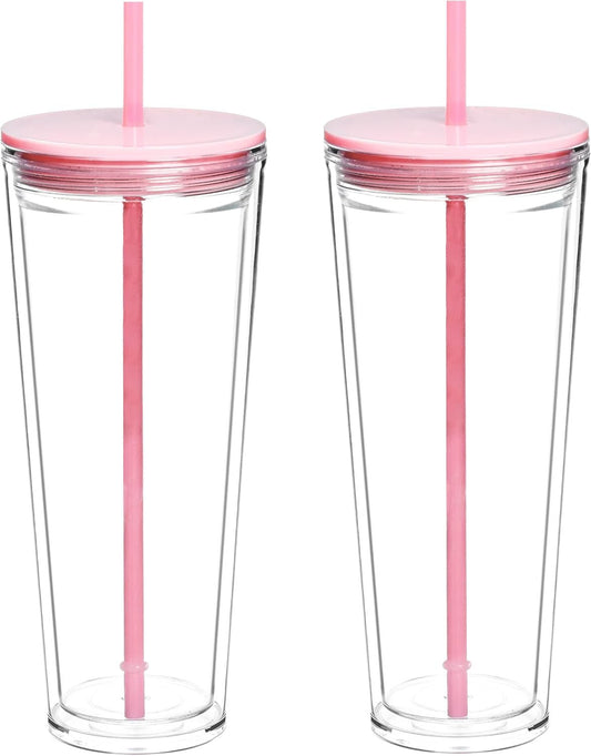 Alohastarttg 24oz Tumbler with Lid and Straw, Leak Proof and Double Wall Insulated Reusable Plastic Cups,Travel Reusable Iced Coffee Cup,BPA-Free,Fits in Cupholders (2, Pink)