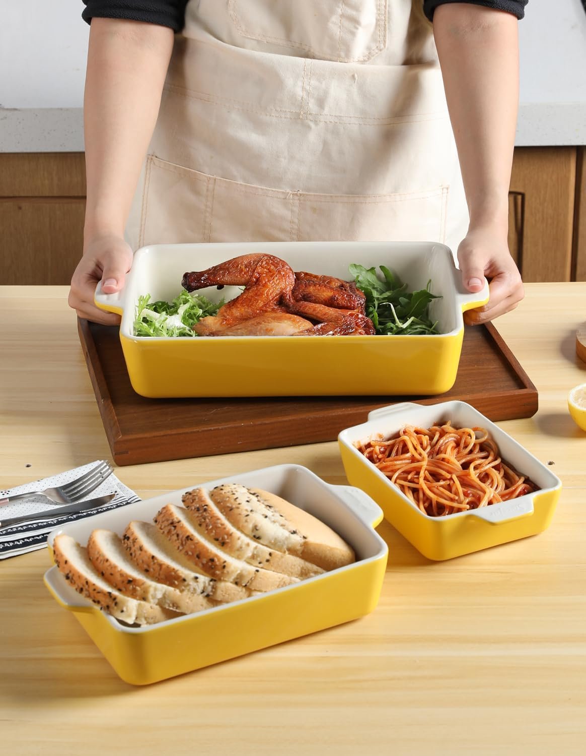 SWEEJAR Ceramic Bakeware Set, Rectangular Baking Dish Lasagna Pans for Cooking, Kitchen, Cake Dinner, Banquet and Daily Use, 11.8 x 7.8 x 2.75 Inches of Baking Pans (Yellow)
