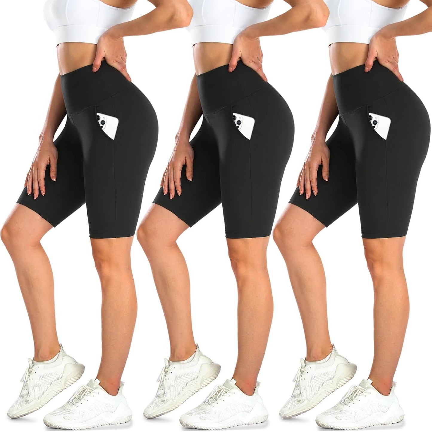 MOREFEEL 3 Pack Biker Shorts for Women with Pockets - 8" High Waist Tummy Control Workout Gym Yoga Running Summer Short Pants