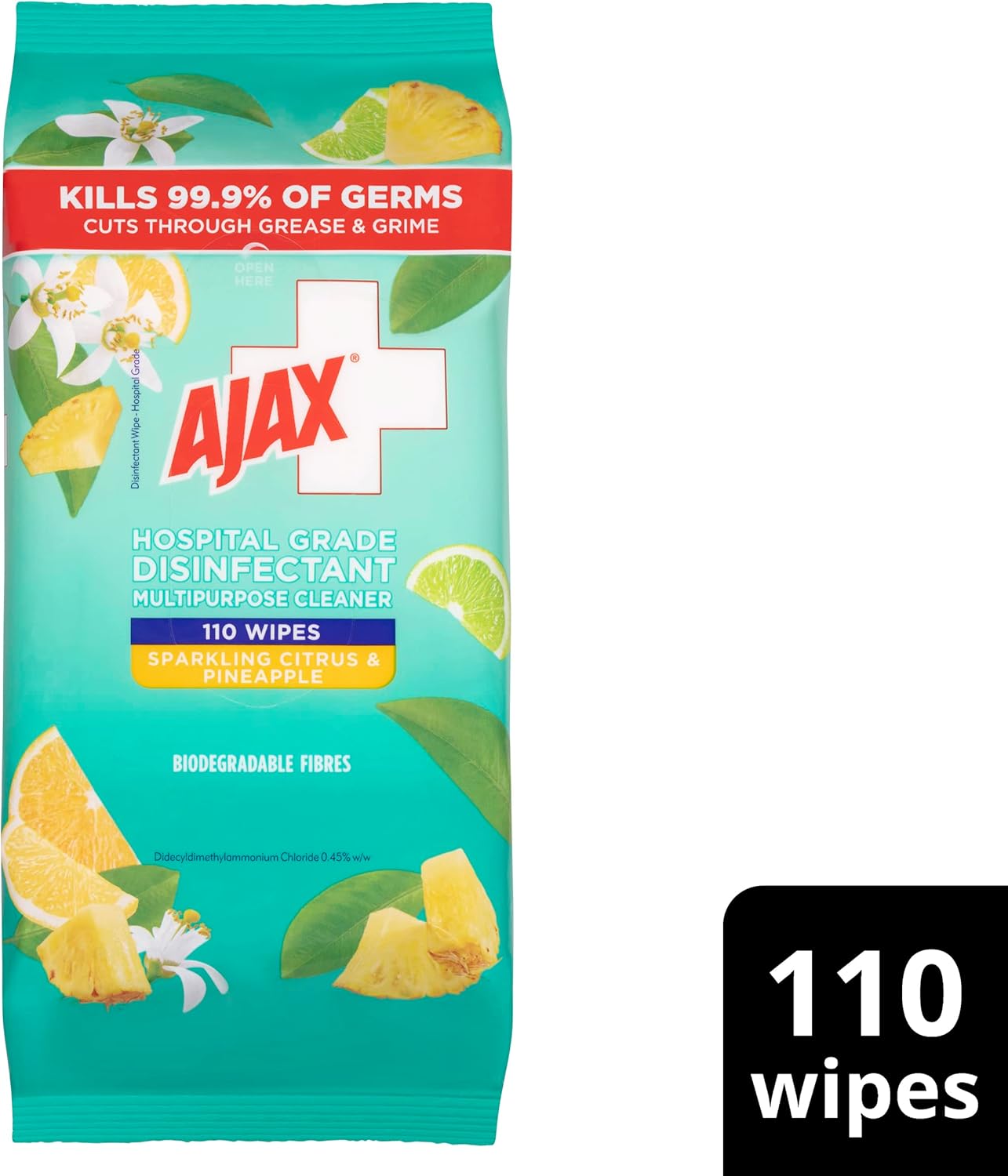 Ajax Hospital Grade Disinfectant Multipurpose Cleaner Wipes Sparkling Citrus & Pineapple 110 Pack