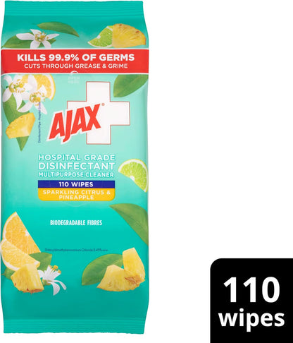 Ajax Hospital Grade Disinfectant Multipurpose Cleaner Wipes Sparkling Citrus & Pineapple 110 Pack