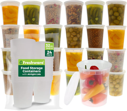 Freshware 24-Pack 32 oz Plastic Food Storage Containers with Airtight Lids - Restaurant Deli Cups, Foodsavers, Baby, Bento Lunch Box, 21 Day Fix, Portion Control, and Meal Prep Containers