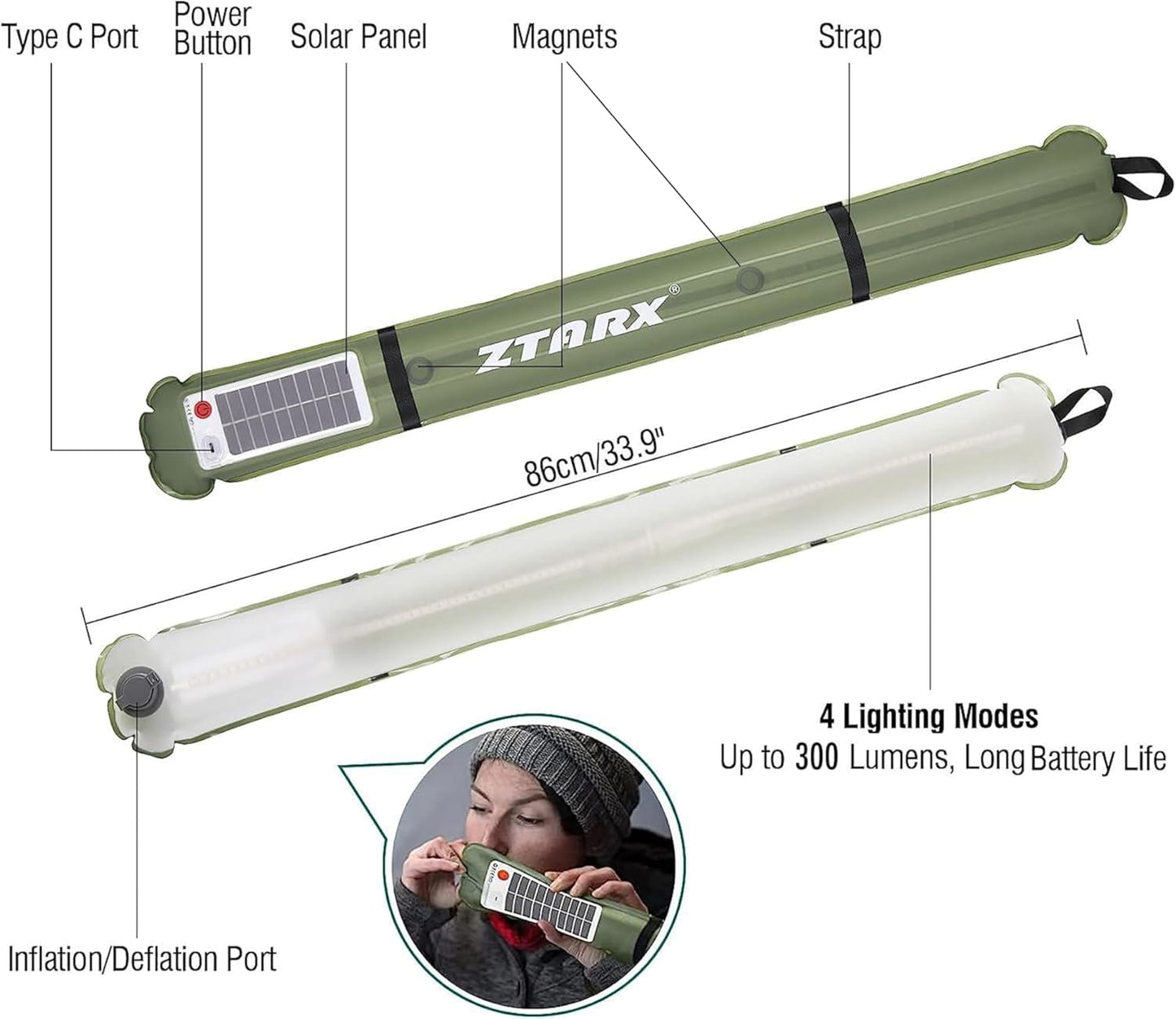 Inflatable Solar Tube Lantern – Solar and USB Rechargeable, 4 Lighting Modes, IP66 Waterproof Light Bar with Power Bank, Portable Tent Light for Outdoor Camping, Hiking and Emergency Use Indoor