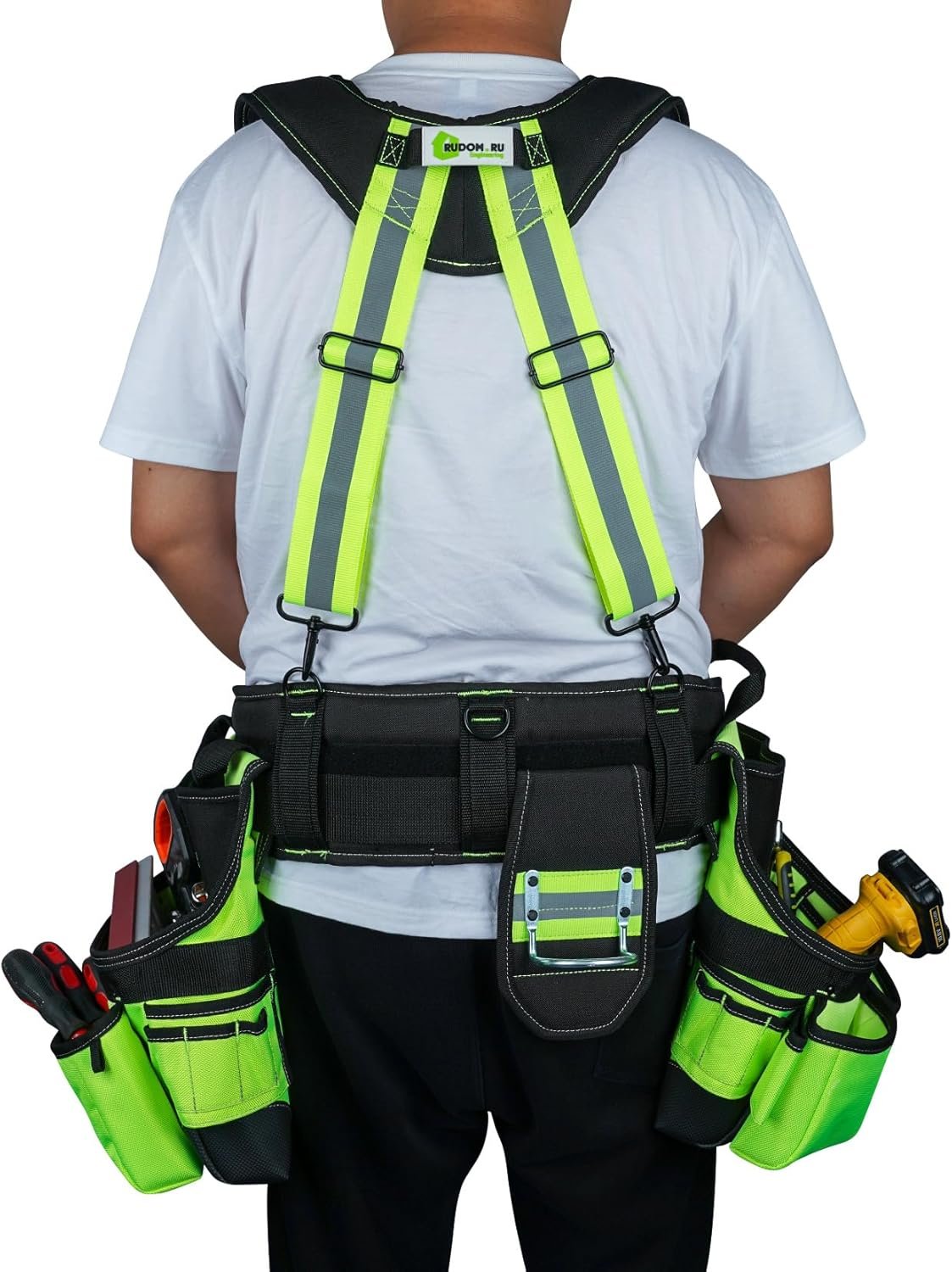 MELOTOUGH Reflective Safety Tool Belt with Suspenders Hi Vis Tool Bag Suspenders Tool Belt Construction Heavy Duty Work Suspension Rig (Hi Viz Lime)