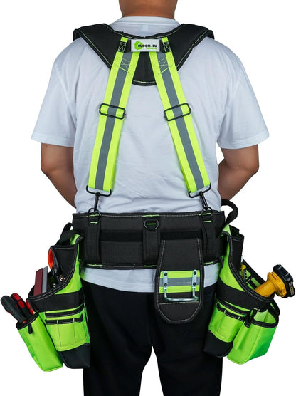 MELOTOUGH Reflective Safety Tool Belt with Suspenders Hi Vis Tool Bag Suspenders Tool Belt Construction Heavy Duty Work Suspension Rig (Hi Viz Lime)