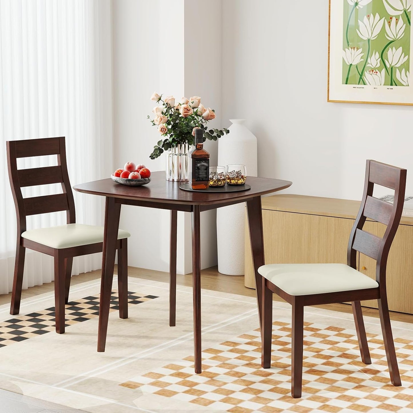 Giantex 3-Piece Dining Table Set for 2, Wooden Square Kitchen Table and 2 Chairs with Padded Seat, Ladder Back, Space-Saving Dinette Set for Small Spaces, Living Room, Dining Room