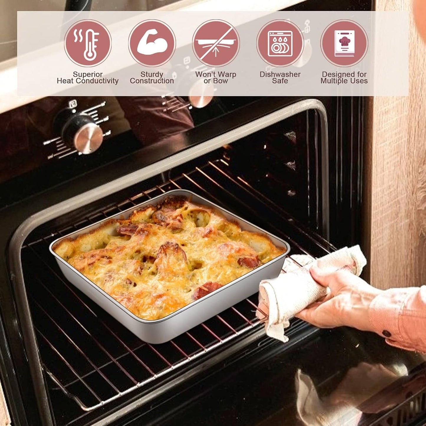 E-far 6/8/9-Inch Square Cake Pan with lid Set, Square Baking Brownie Pans Stainless Steel Bakeware Set of 3, Non-toxic & Healthy, Easy Clean & Dishwasher Safe - 6 Pieces(3 Pans + 3 Covers)