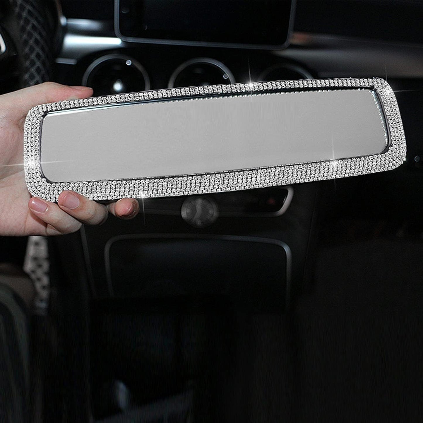 Bling Rhinestone Car Rear View Mirror, Mirror with Crystal Diamonds Rhinestones for Women,Car Interior Trim. ( Sliver )