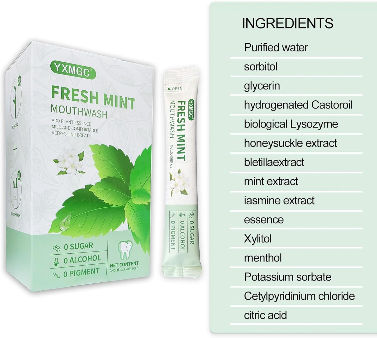YXMGC Travel Size Mouthwash Packets – Portable, Fresh Breath Anytime, Eliminates Bad Breath, Sugar-Free, Alcohol-Free, 20 Pack ×12 ml