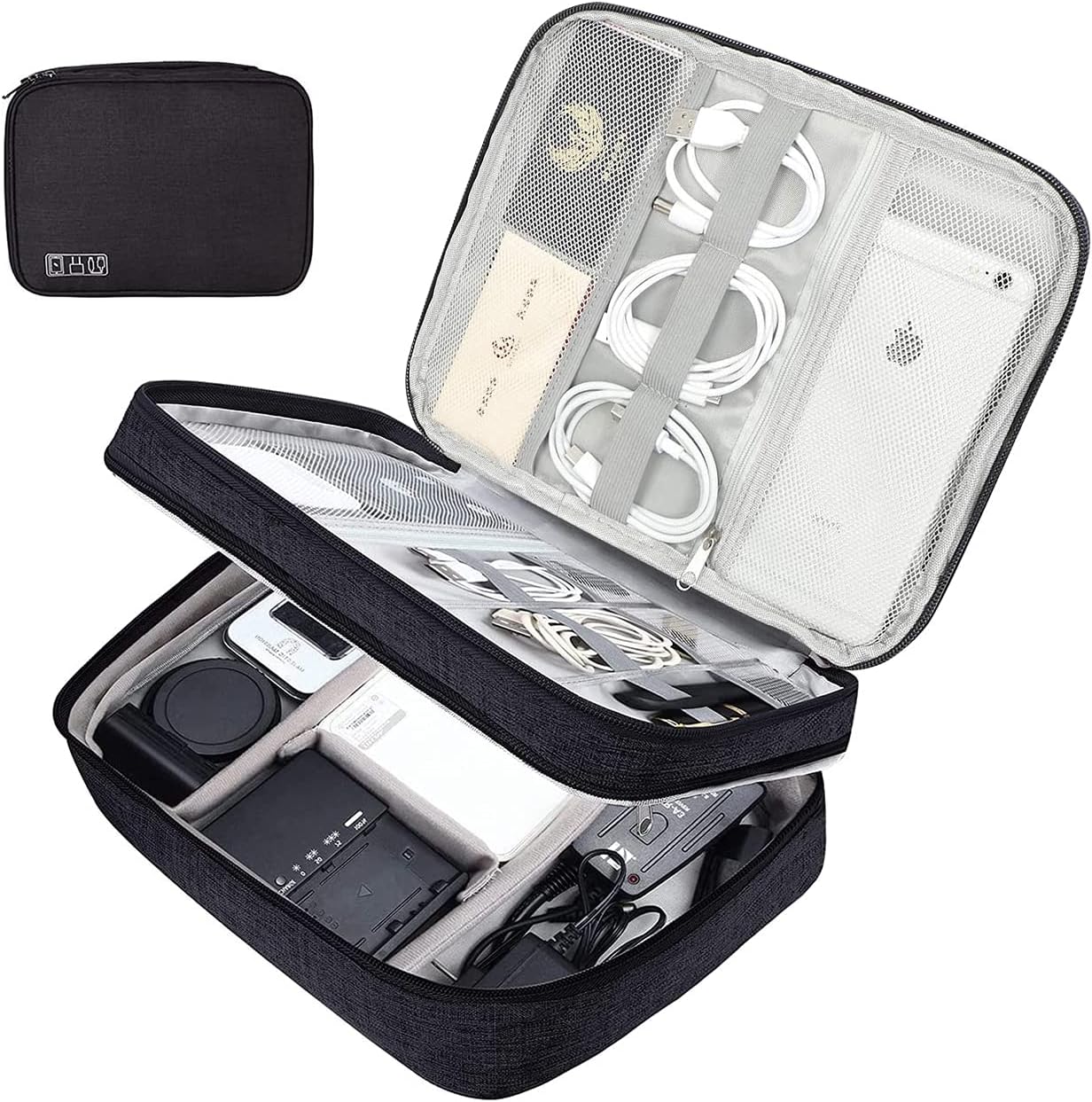 Electronic Organizer Bag Universal Travel Carry Bag Double Layer Cable Charger Adapter Mouse Mobile Phone Charging Cable Black