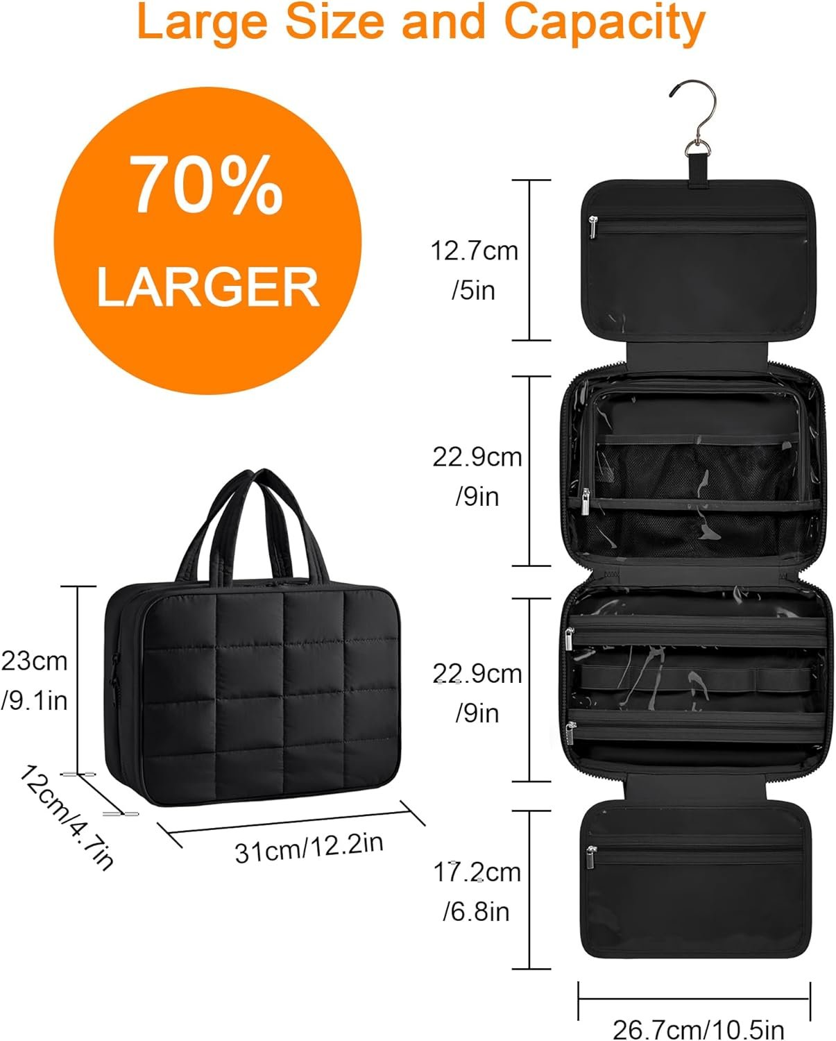 Ruiyuan Travel Toiletry Bag with Jewelry Organizer 12.2 x 4.7 x 9.1in Double Sided Hanging Toiletry Bag Travel Makeup Bag for Toiletries Carry-on Cosmetic Bags Accessories Soft Nylon Fabric (Black)