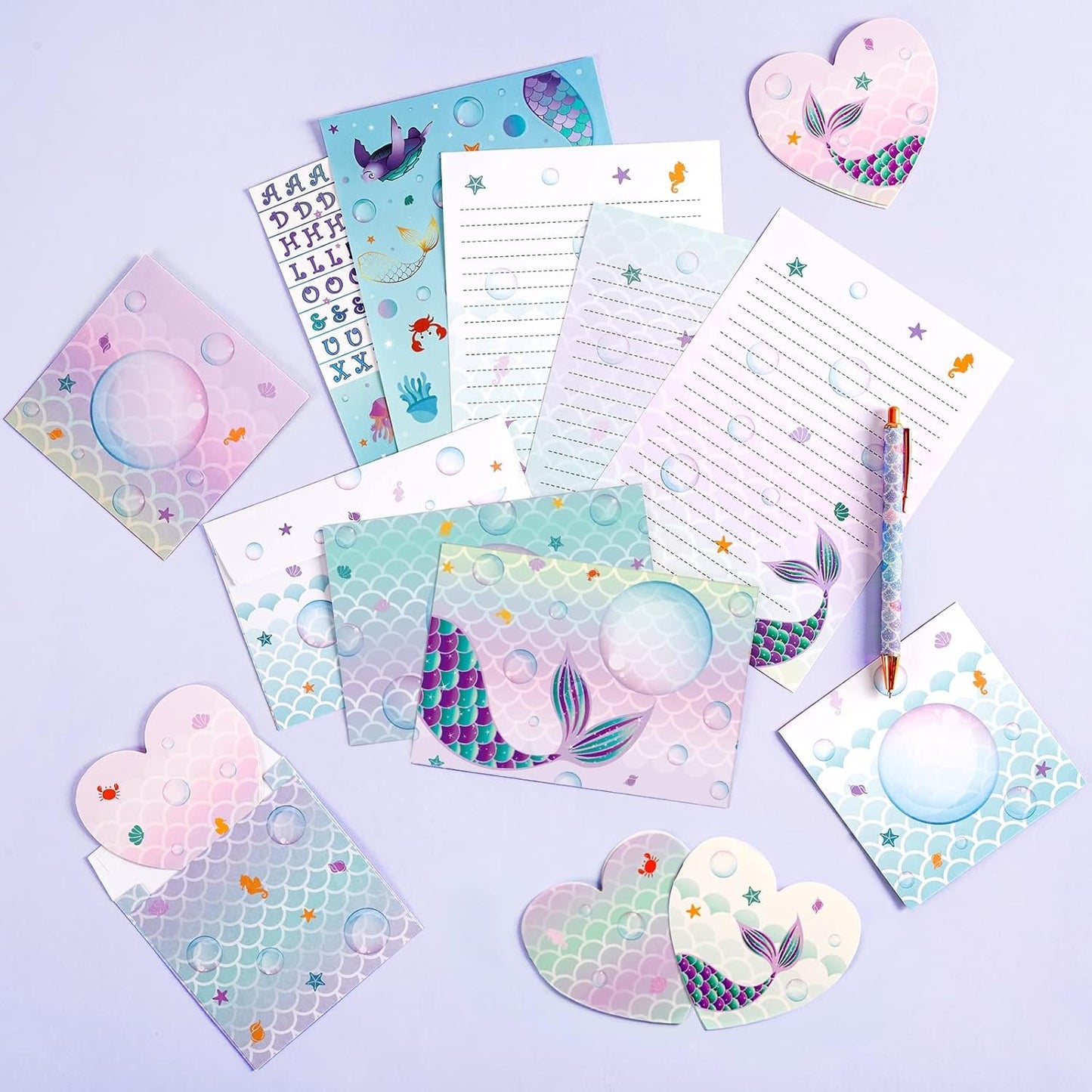 Mermaid Paper and Envelopes Set - 69PCS Magical Mermaid Stationery Paper for Kids Girls Christmas Birthday Gifts Stationery Letter Writing Set Envelopes Greeting Cards Stickers Ballpoint Pen Gift Box