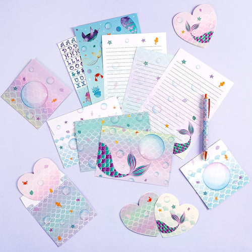 Mermaid Paper and Envelopes Set - 69PCS Magical Mermaid Stationery Paper for Kids Girls Christmas Birthday Gifts Stationery Letter Writing Set Envelopes Greeting Cards Stickers Ballpoint Pen Gift Box