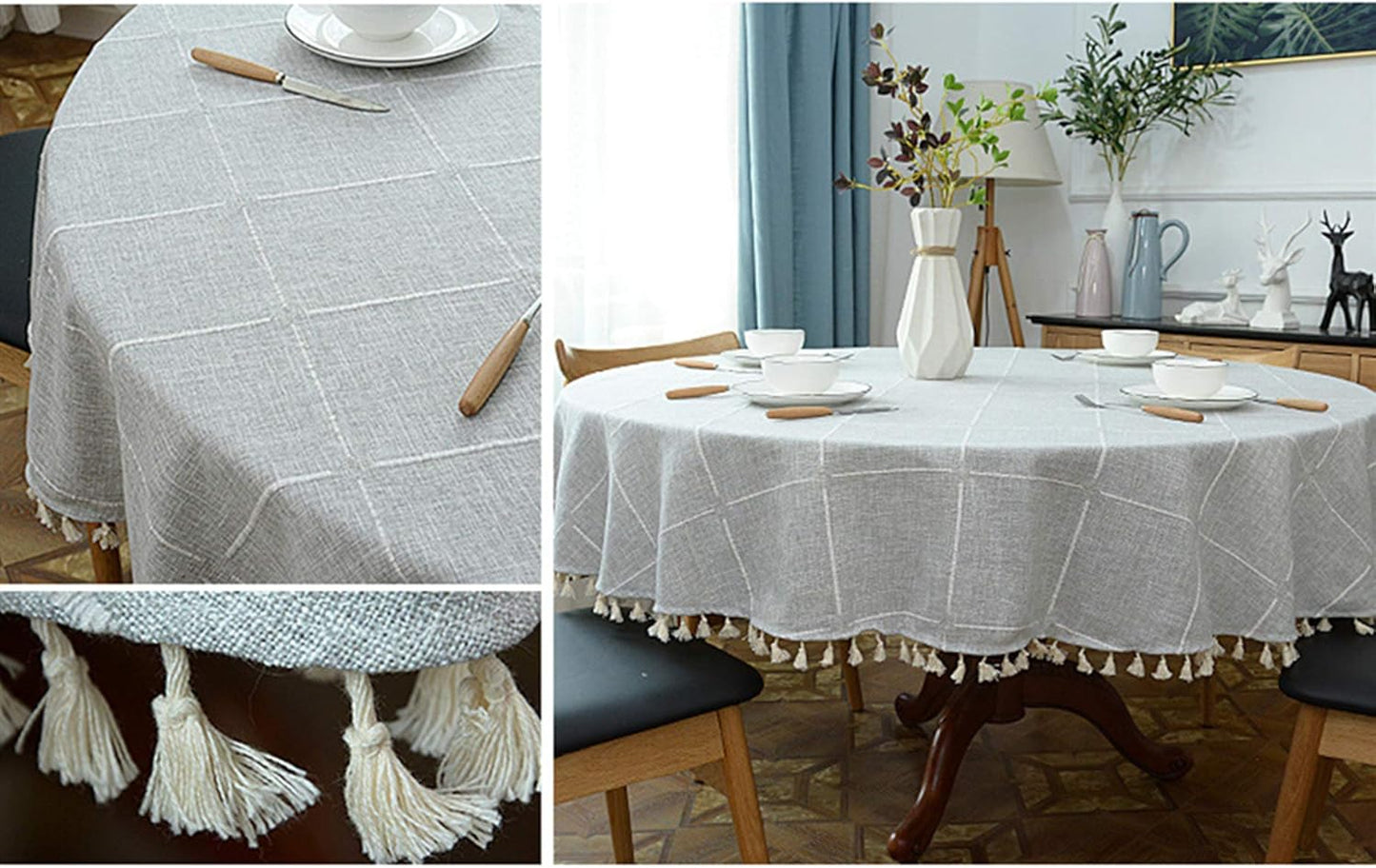 Heavy Weight Cotton Linen Tablecloth, Plaid Tassel Round Table Cover for Kitchen Dining Room Tabletop Decorations, Round - 78", Grey