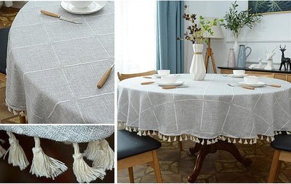 Heavy Weight Cotton Linen Tablecloth, Plaid Tassel Round Table Cover for Kitchen Dining Room Tabletop Decorations, Round - 78", Grey