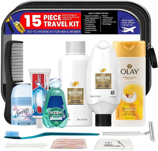 TrekTote 15-Piece Travel Toiletry Convenience Kit - Personal Care Travel Hygiene Essentials Bag with Women Toiletries. TSA-Approved Travel Size Kit For Women with Essential Toiletries.