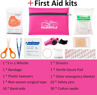 HLWDFLZ Pink Car Emergency Kit, Jumper Cable, Tow Rope, LED Road Flare, Deer Whistles & More Women's Safety Tools