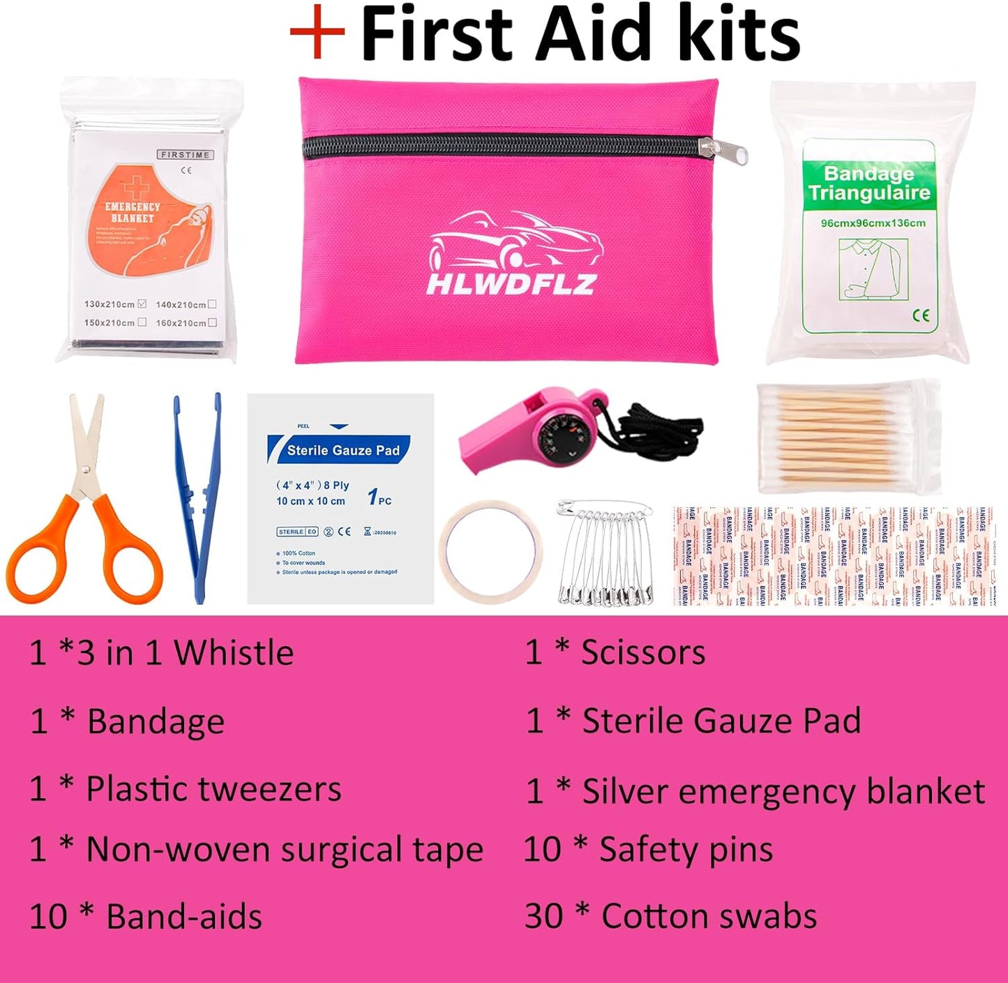 HLWDFLZ Car Roadside Emergency Kit - Pink Roadside Assistance Emergency Kit with Jumper Cables, Auto Tool Set, Deer Whistles, Winter Car Safety Roadside Assist Kit for Teen Girl and Ladies