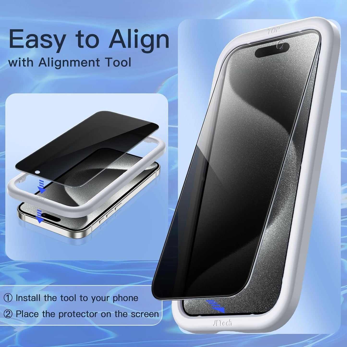 JETech Privacy Screen Protector for iPhone 15 Pro 6.1-Inch with Camera Lens Protector, Anti-Spy Tempered Glass Film, Easy Installation Tool, 2-Pack Each