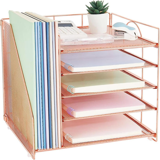 Gugsey Desk Organizer and Accessories, 5-Tier Paper Letter Tray with File Holder, Mesh Desktop File Organizers for School, Home, Office Supplies Organization and Storage (Rose Gold)
