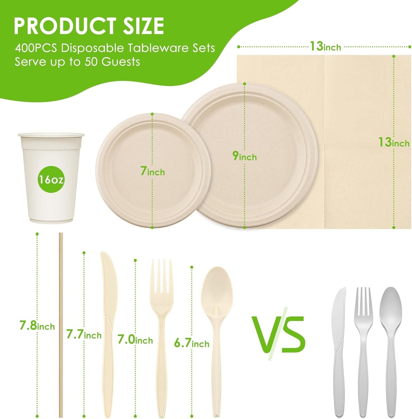 FEHHTO 400PCS Disposable Paper Plates Set, Compostable Eco-Friendly Dinnerware Set, Biodegradable Heavy-Duty Paper Plates, Utensils, Cups and Straws for Party Camping 50 People