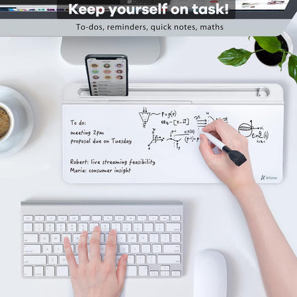 Varhomax Desk Whiteboard Dry Erase Glass Whiteboard, Desktop White Board to-do List Memo Notepad for Home Office and School Accessories Supplies with Storage Caddy for Computer Keyboard Stand (White)