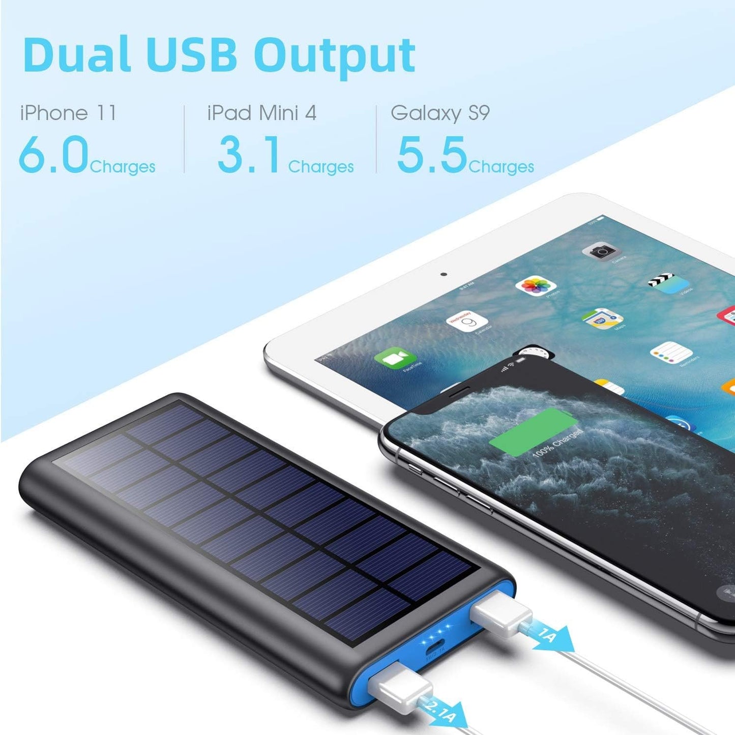 Solar Charger Power Bank 26800mah, 2 USB Output Fast Phone Portable Charger Power Bank Solar Battery Bank Pack External Backup Pack Cell Phone for iPhone, Samsung Galaxy Android, iPad Tablet