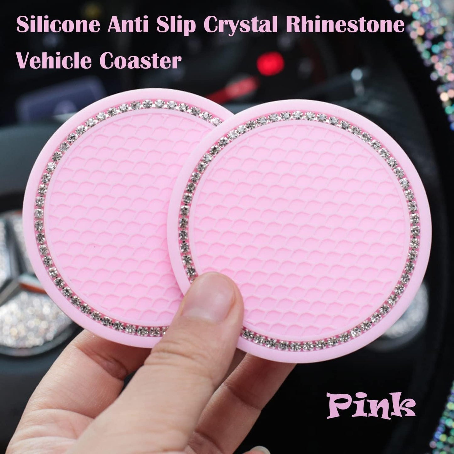 Paifeancodill 2 Pcs Universal Car Bling Cup Holder Insert Coaster Car Interior Accessories, Car Cup Holder Coaster, Silicone Crystal Rhinestone Vehicle Coaster, Auto Cup Holder Insert Coasters(Pink)