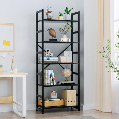 Leadiy Industrial Bookshelf,5-Tier Rustic Black Book Shelves,24”Storage Rack with Metal Frame，Standing Wood Bookcase, Display and Book Organization in Living Room,Bedroom 24 * 11.8 * 63 inch(Black