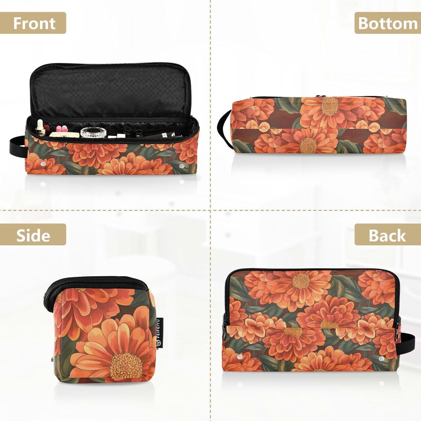 Borsa da viaggio per strumenti per capelli con motivo floreale arancione e tappetino resistente al calore, custodia da viaggio portatile per strumenti caldi e accessori per la cura dei capelli