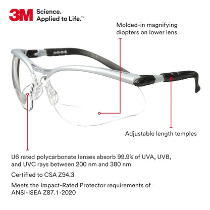 3M Safety Glasses with Readers, BX, +2.5, ANSI Z87, Anti-Fog Anti-Scratch Clear Lens, Silver Frame, Adjustable Length Temples and Lens Angle