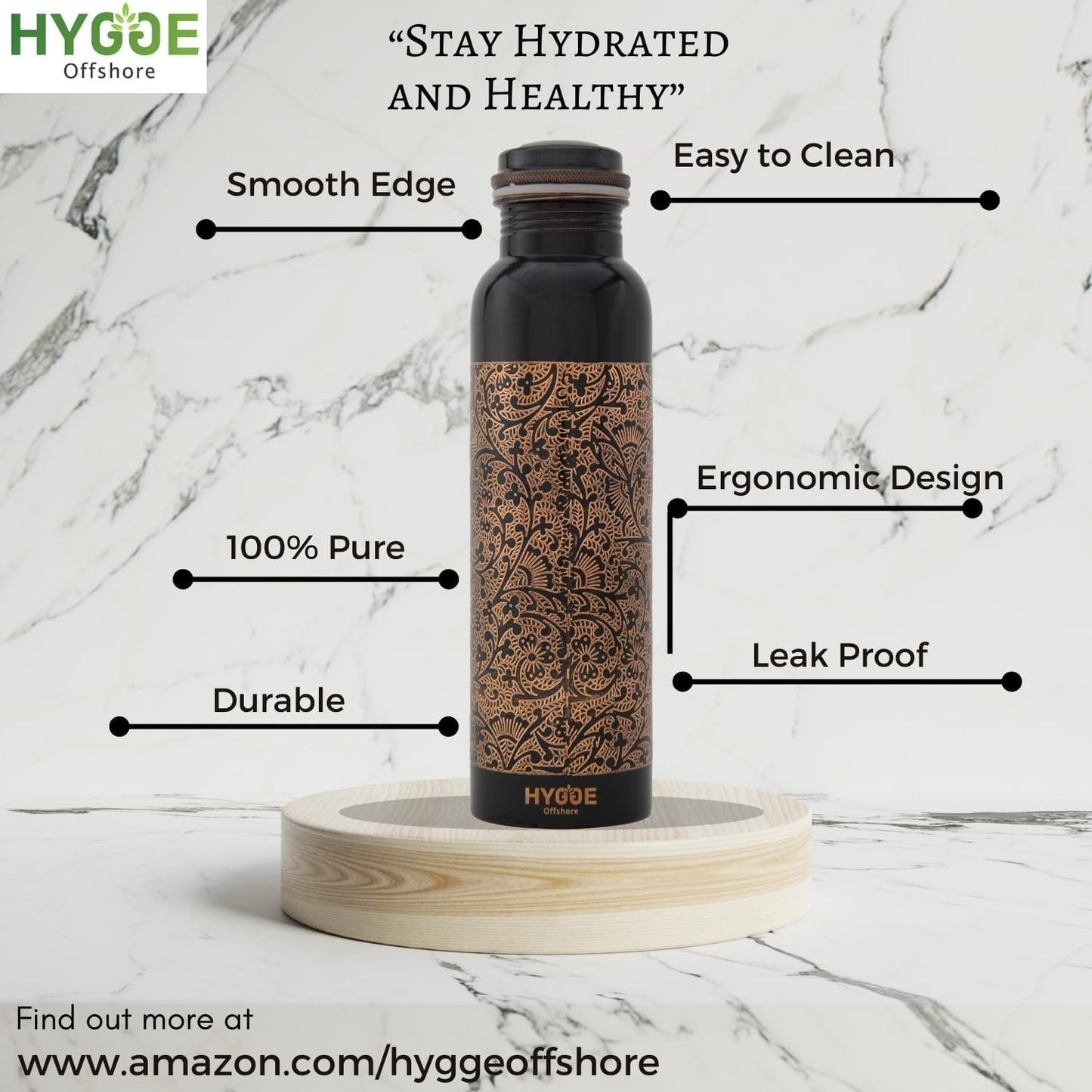 HYGGE 34oz (1L) Pure Copper Water Bottle – Ayurvedic Copper Bottle with Lid – Leak-Proof, Antique Embossed Design – Travel Water Bottle for Gym, Office, Hiking, Yoga – Eco-Friendly Drinkware