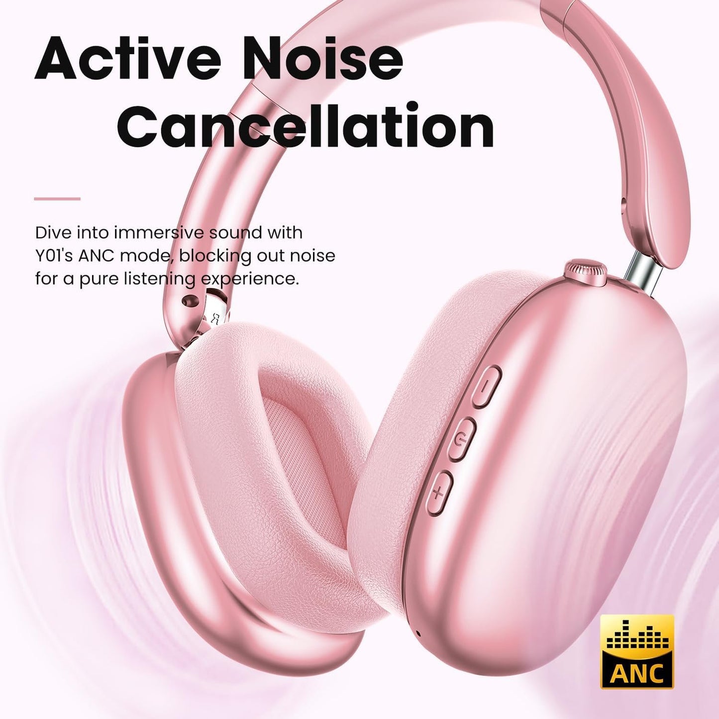 Wentronic Y01 Wireless Over Ear Headphones, Noise Canceling Bluetooth 5.3 Headphones with Microphones,Hi-Res Audio,48H Playtime,Foldable,Breathable Soft Earpads for iOS/Android/Samsung/PC-Pink